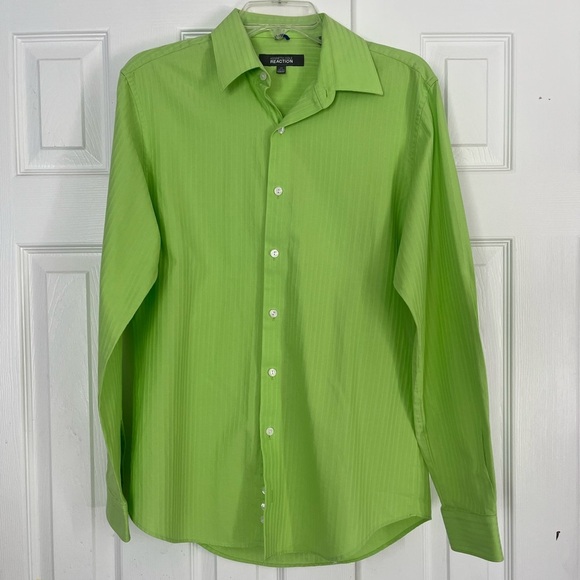 Kenneth Cole Reaction Long Sleeve Dress Shirt Mens 15 Silm Fit Lime Green Cotton - Picture 1 of 8